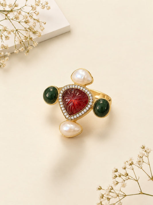 Victorian Ruby Zircon Diamond, Pearl & Emerald Ring