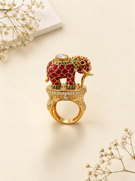 Royal Elephant Statement Ring Featuring Ruby Red Enamel & Gold Finish