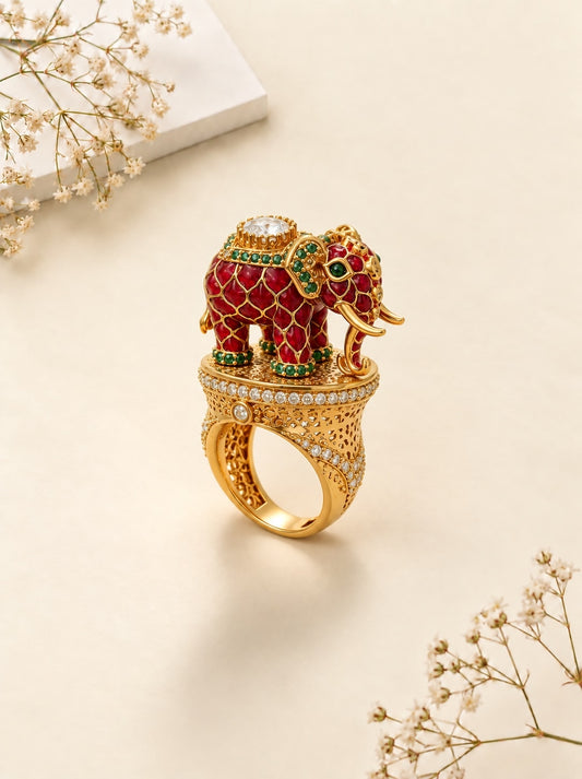 Royal Elephant Statement Ring Featuring Ruby Red Enamel & Gold Finish