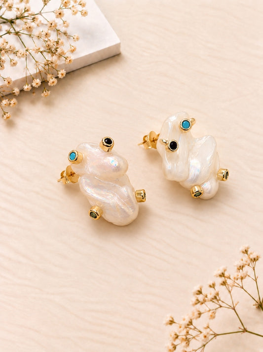 Baroque Pearl Studs with Tiny Multicolour Stones
