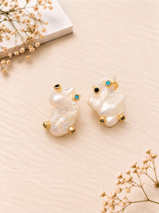 Baroque Pearl Studs with Tiny Multicolour Stones