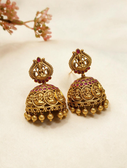 Laxmiji Engraved Coin Ruby Jhumkas