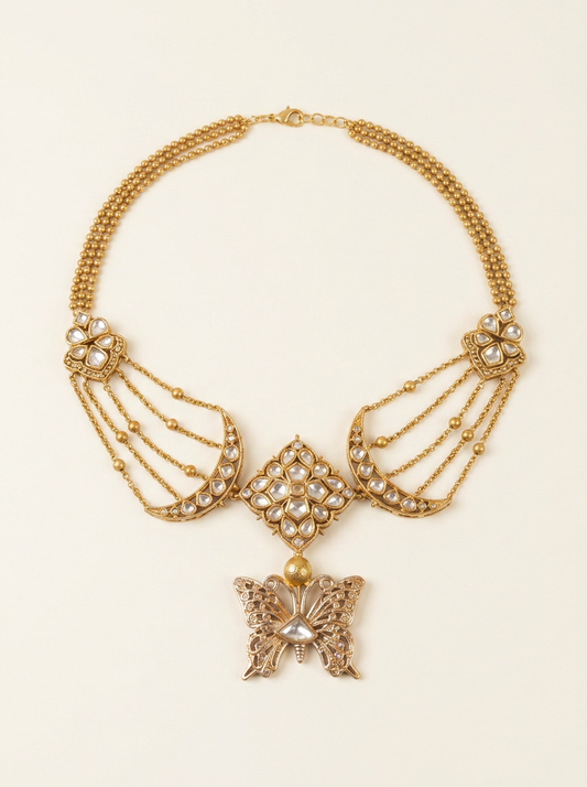 Butterfly Pachi Kundan Contemporary Necklace with Studs