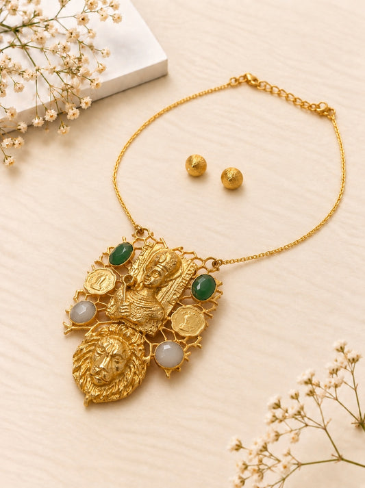 Antique Gold Statement Pendant Necklace Set with Green & White Stones