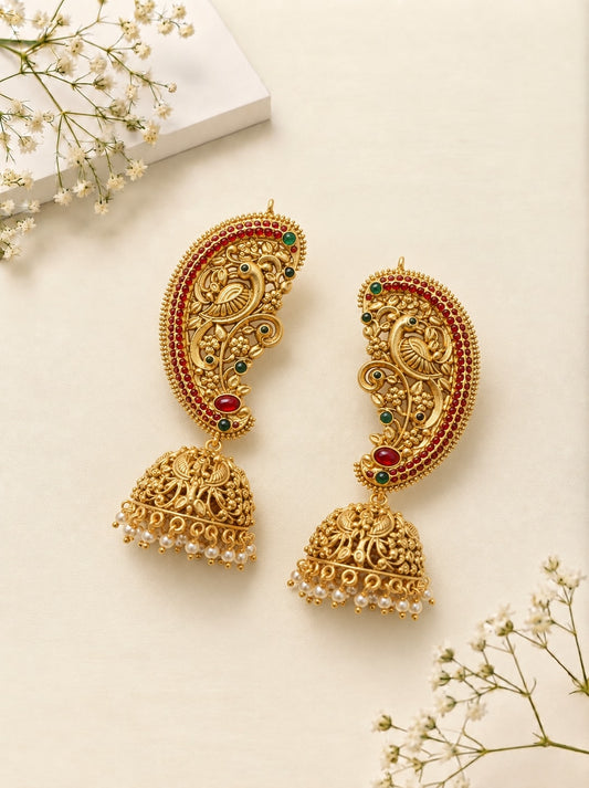 Peacock-Engraved Earcuff Jhumkas