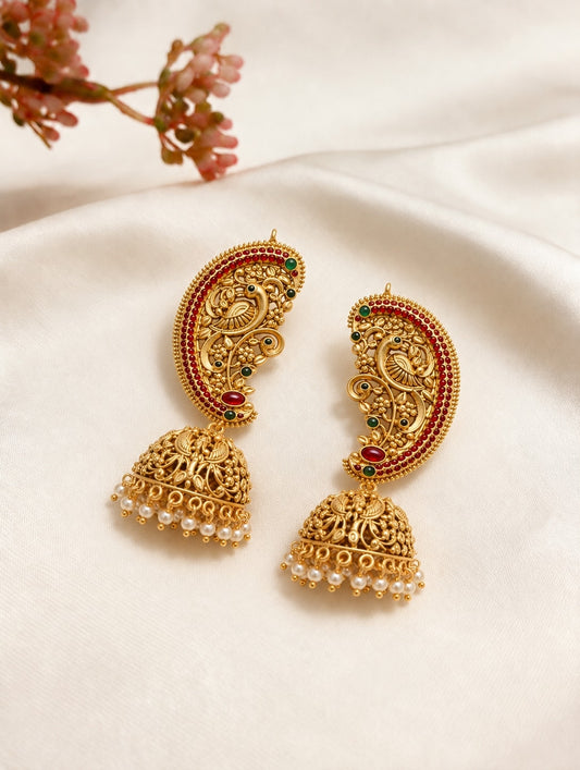 Peacock-Engraved Earcuff Jhumkas