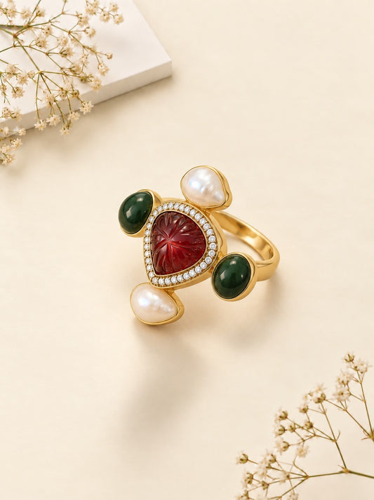 Victorian Ruby Zircon Diamond, Pearl & Emerald Ring