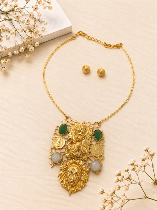Antique Gold Statement Pendant Necklace Set with Green & White Stones