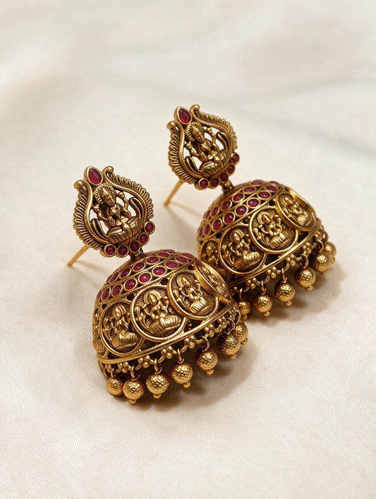Laxmiji Engraved Coin Ruby Jhumkas