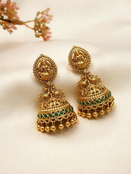 Laxmiji & Peacock Long Emerald Jhumkas
