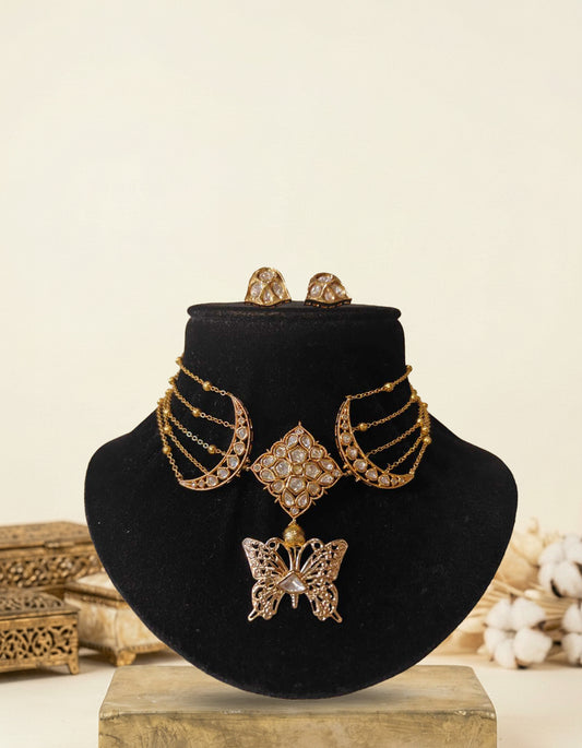 Butterfly Pachi Kundan Contemporary Necklace with Studs