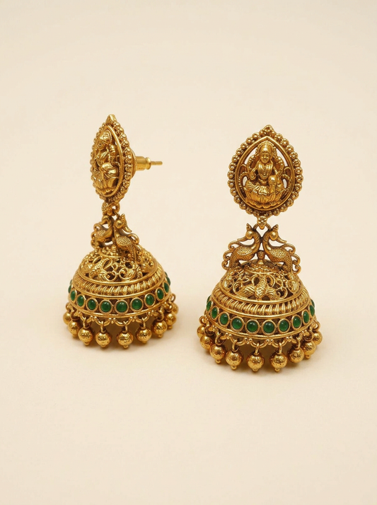 Laxmiji & Peacock Long Emerald Jhumkas